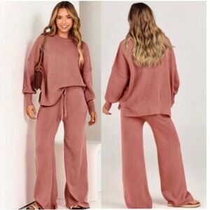 Anrabess Coral Lounge Set Oversized Fit Top + Wide Leg Pants Size Small